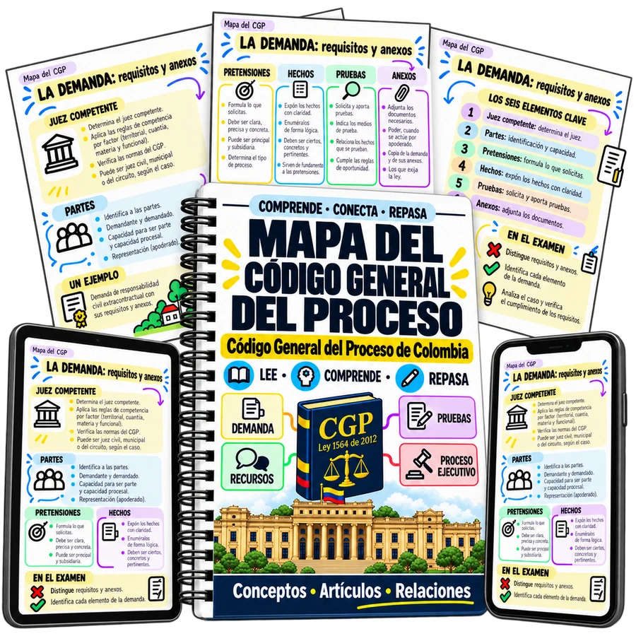 Mapa del Código General del Proceso en cuaderno, tablet y celular con páginas de mapas mentales